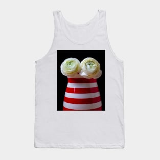 Two White Ranunculus Flowers In Red And White Striped Vase Tank Top